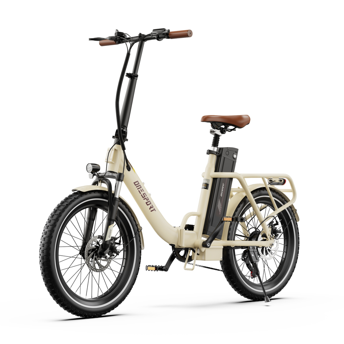 OneSport OT16 Pro E-Bike in Cremeweiß, schräg von vorn gesehen, mit braunem Sattel, braunen Griffen und hinterem Gepäckträger