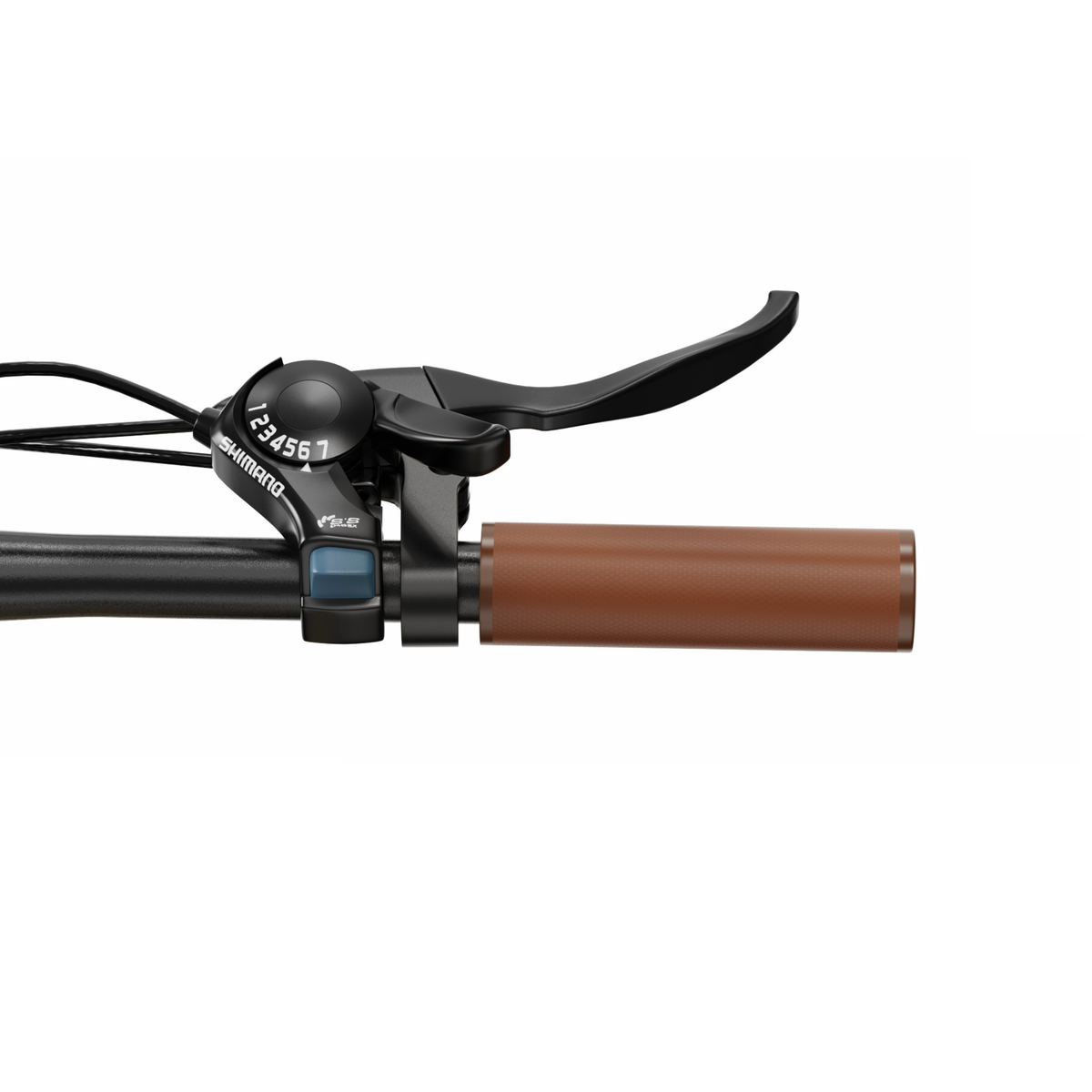 OneSport OT16 Pro, Nahaufnahme von Bremshebel, Shimano-Schalthebel und braunem Griff