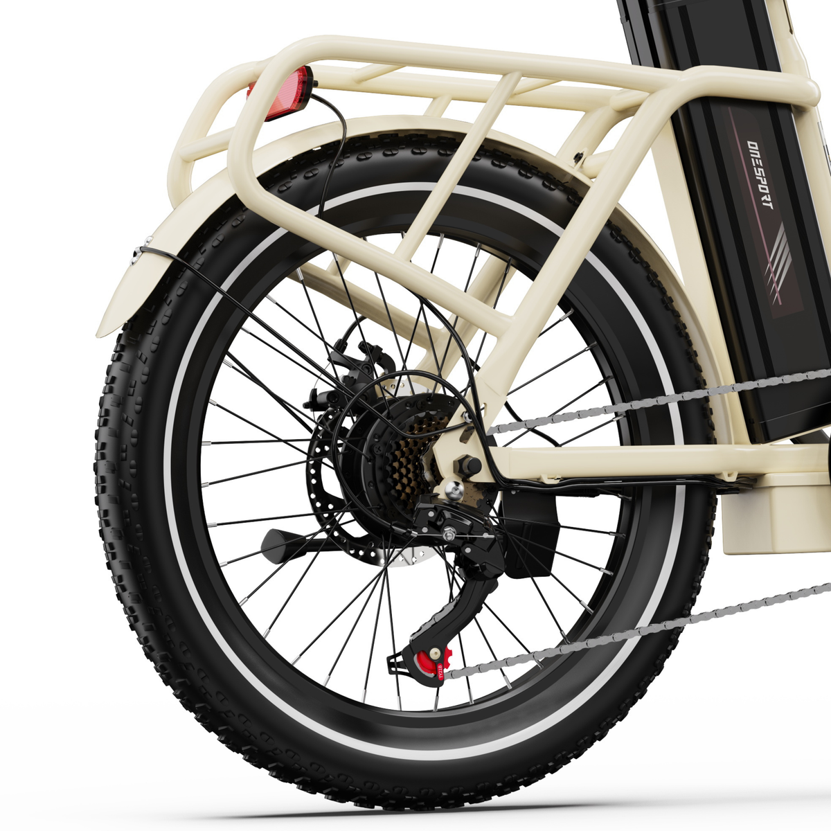 OneSport OT16 Pro, Nahaufnahme des Hinterrads mit Gepäckträger, Schutzblech, Rücklicht und hinterer Schaltung
