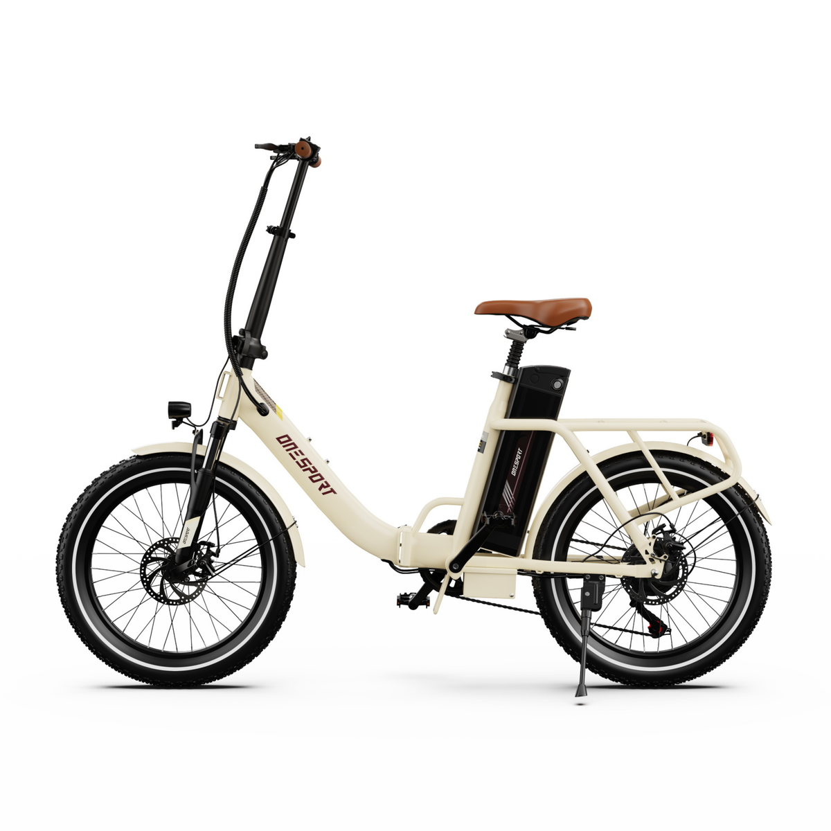 OneSport OT16 Pro E-Bike in direkter Seitenansicht mit niedrigem Einstieg, braunem Sattel, Akku und Gepäckträger