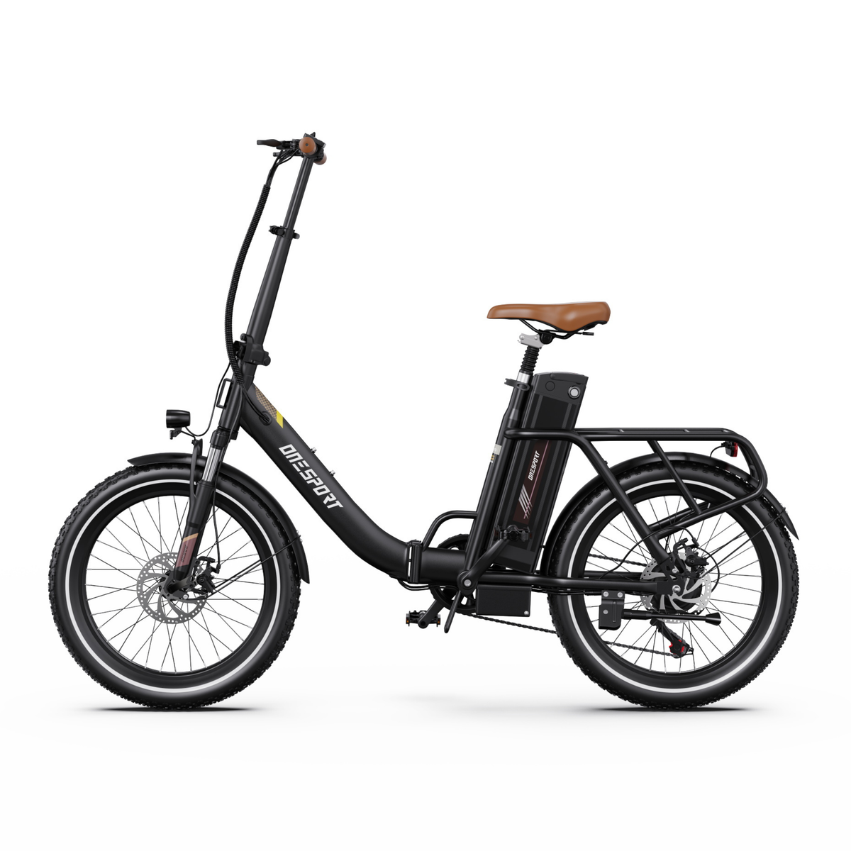 OneSport OT16 Pro schwarzes E-Bike in Seitenansicht mit braunem Sattel, Akku, Gepäckträger und Scheibenbremsen