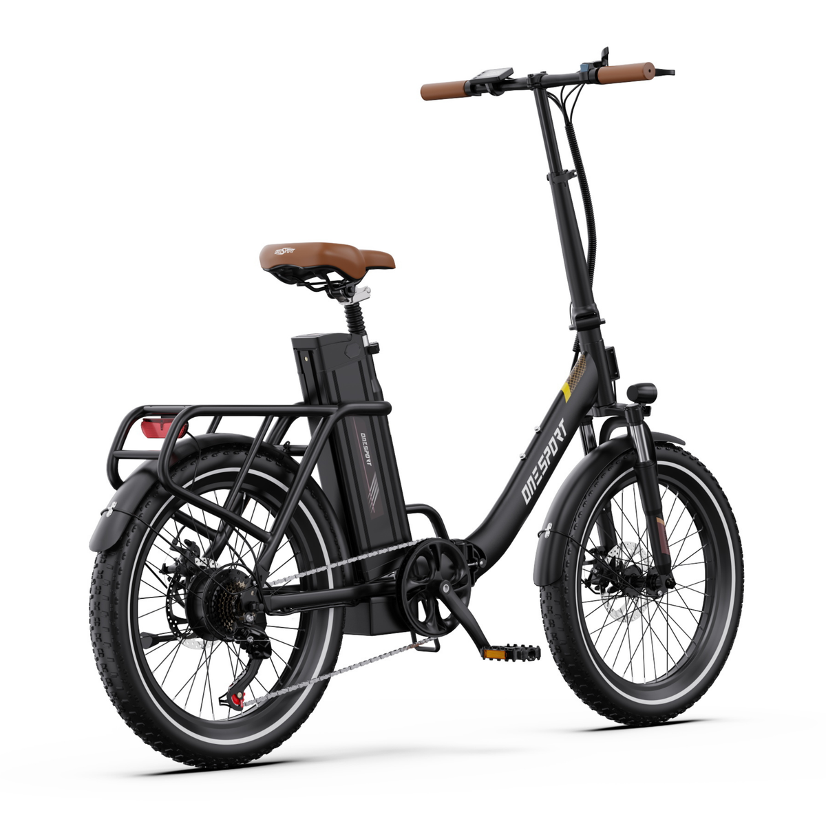 OneSport OT16 Pro E-Bike in Schwarz, schräg von hinten rechts mit Kette, Pedal und Gepäckträger
