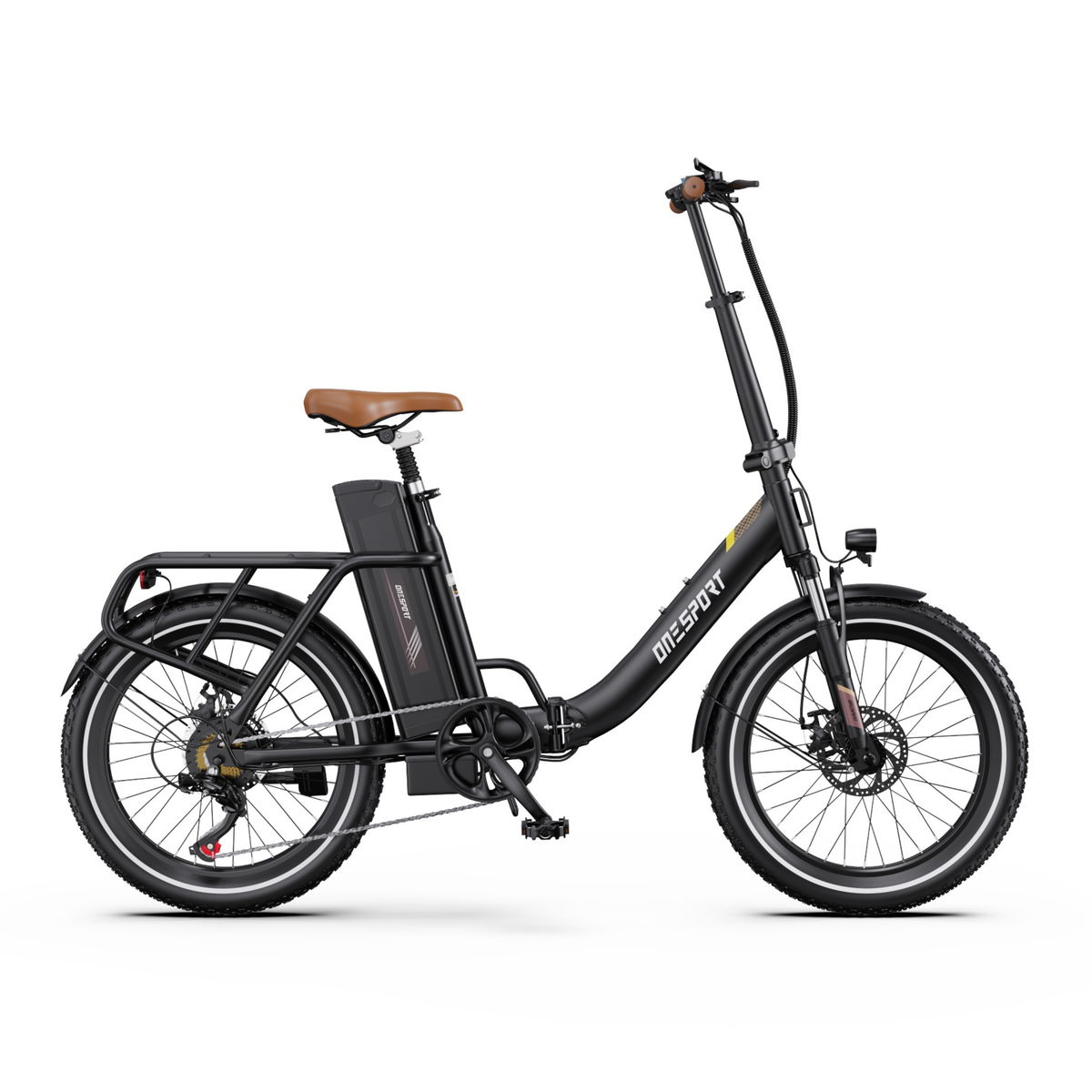 OneSport OT16 Pro E-Bike in Schwarz, Seitenansicht mit niedrigem Einstieg und braunem Sattel
