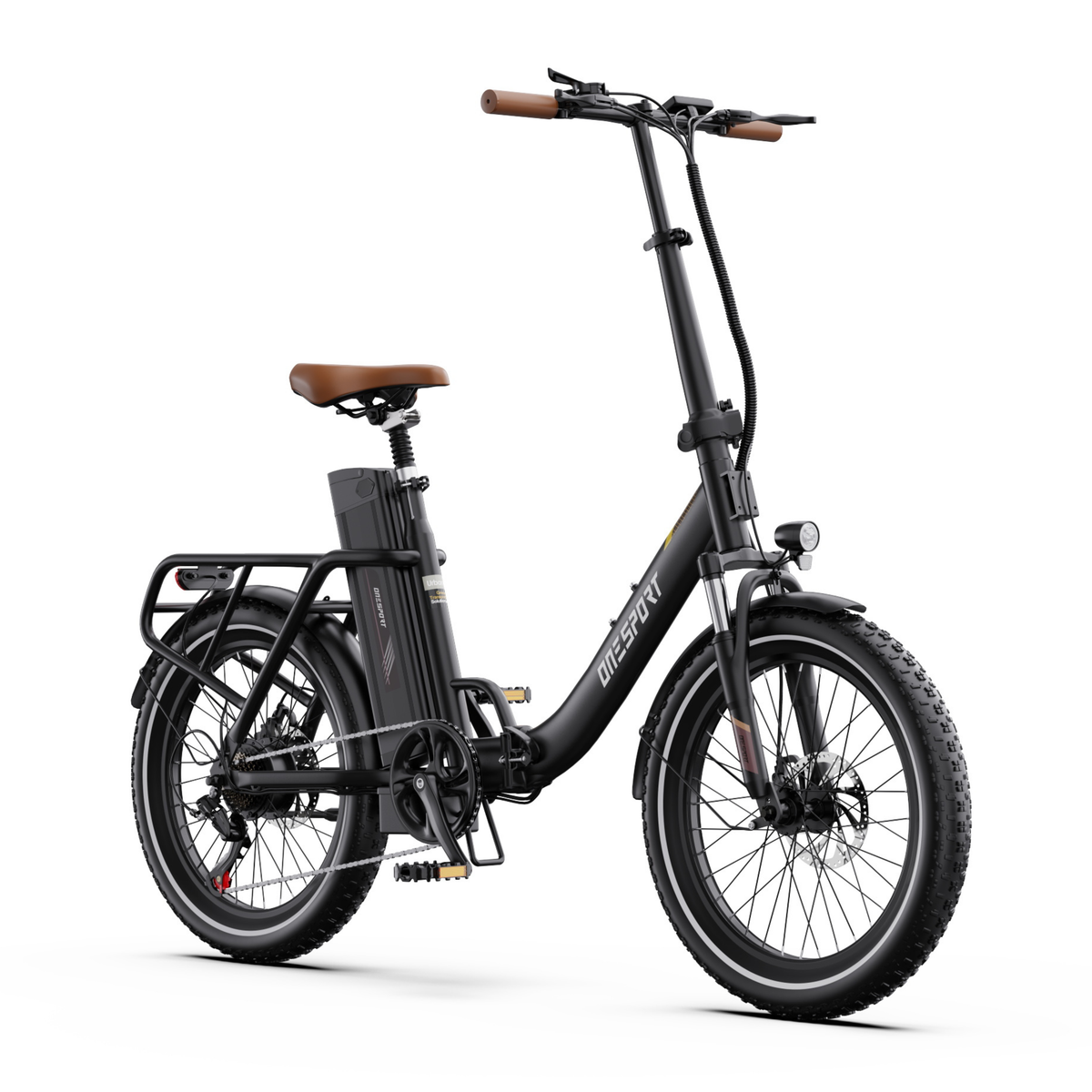 OneSport OT16 Pro E-Bike in Schwarz, schräg von vorn mit Frontlicht, Lenker mit Display und braunem Sattel