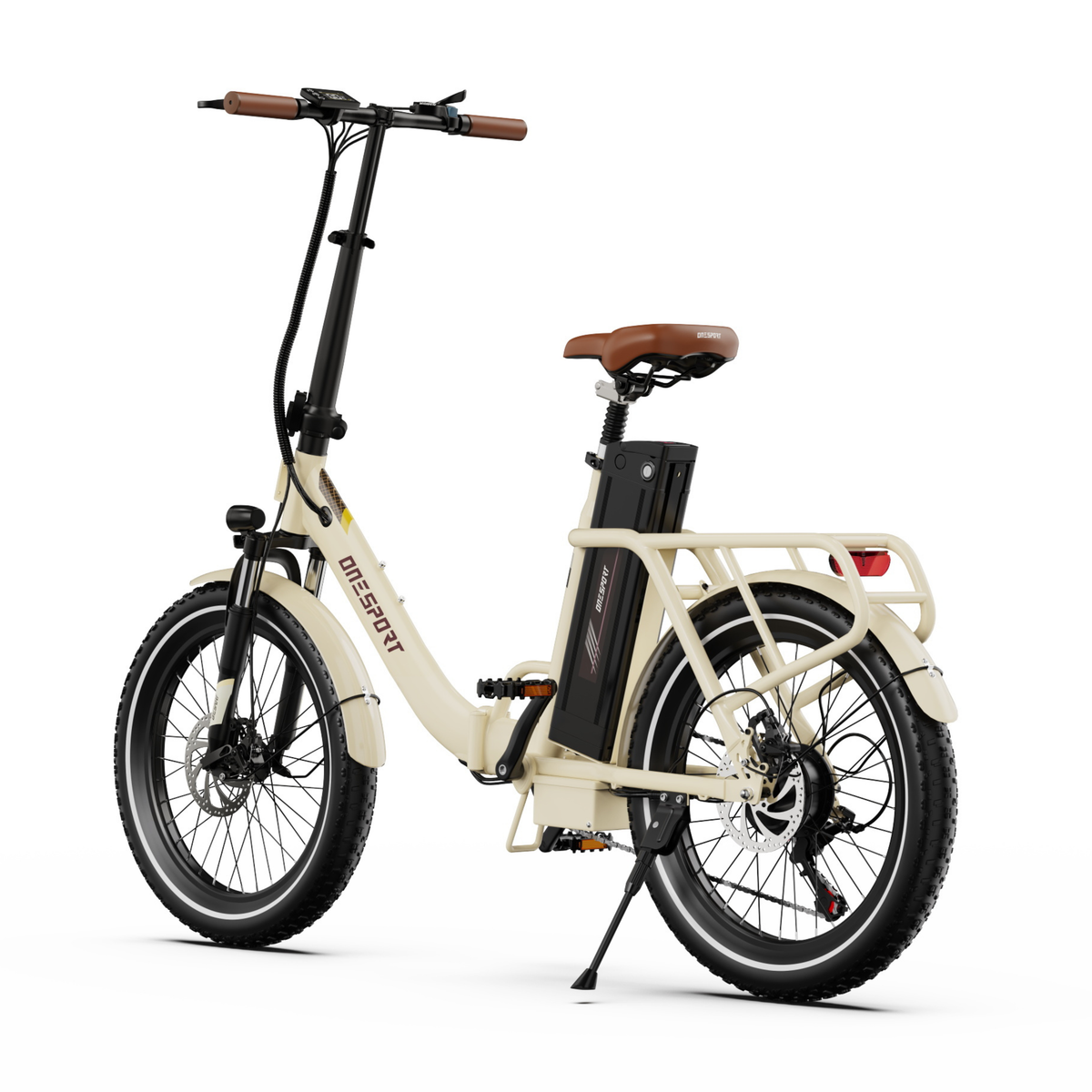 OneSport OT16 Pro E-Bike schräg von hinten gesehen mit Akku, Gepäckträger mit rotem Rücklicht und Seitenständer
