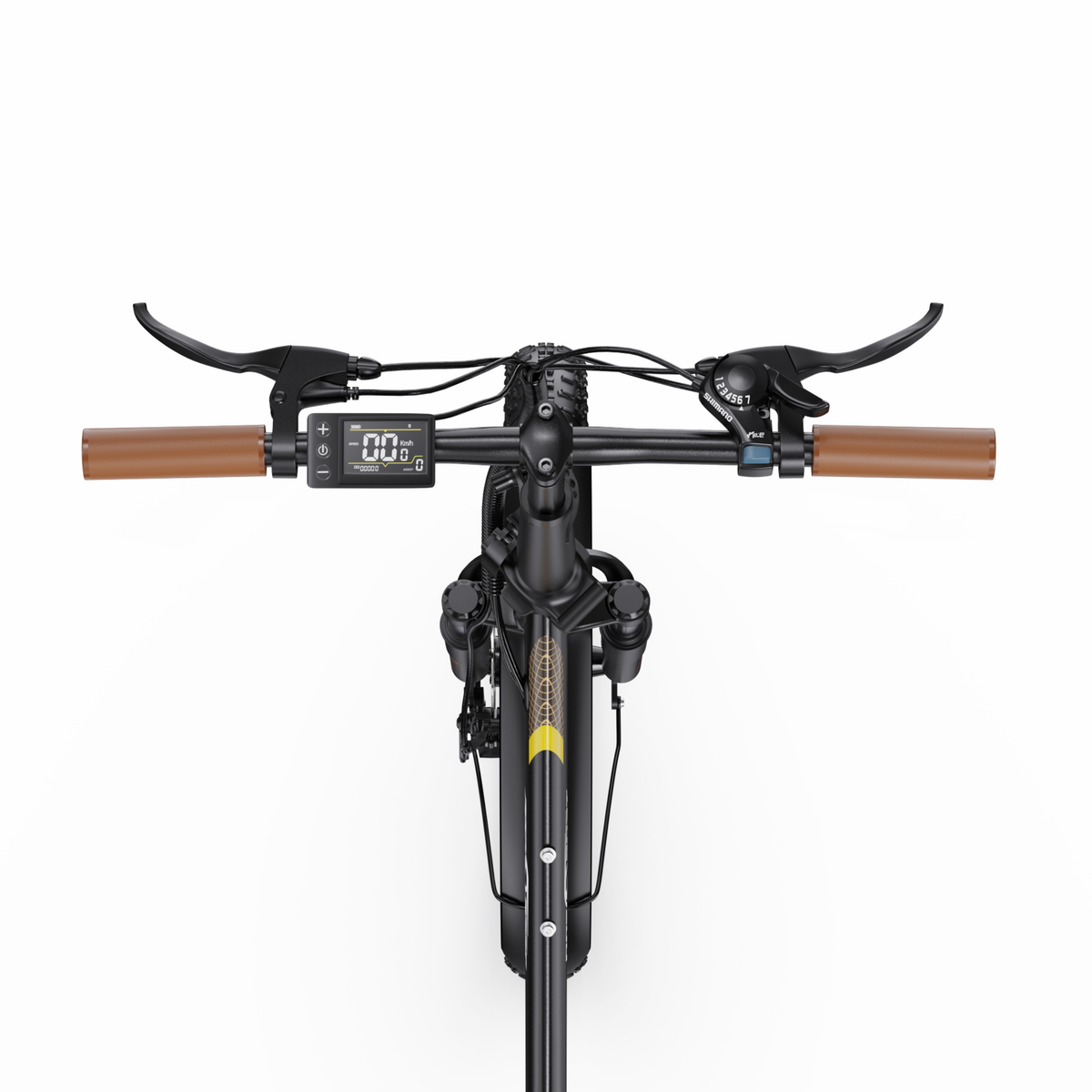 OneSport OT16 Pro Lenker von oben mit braunen Griffen, Bremshebel, Display und Shimano-Schalthebel
