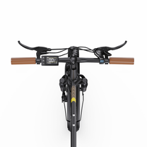 OneSport OT16 Pro Lenker von oben mit braunen Griffen, Bremshebel, Display und Shimano-Schalthebel