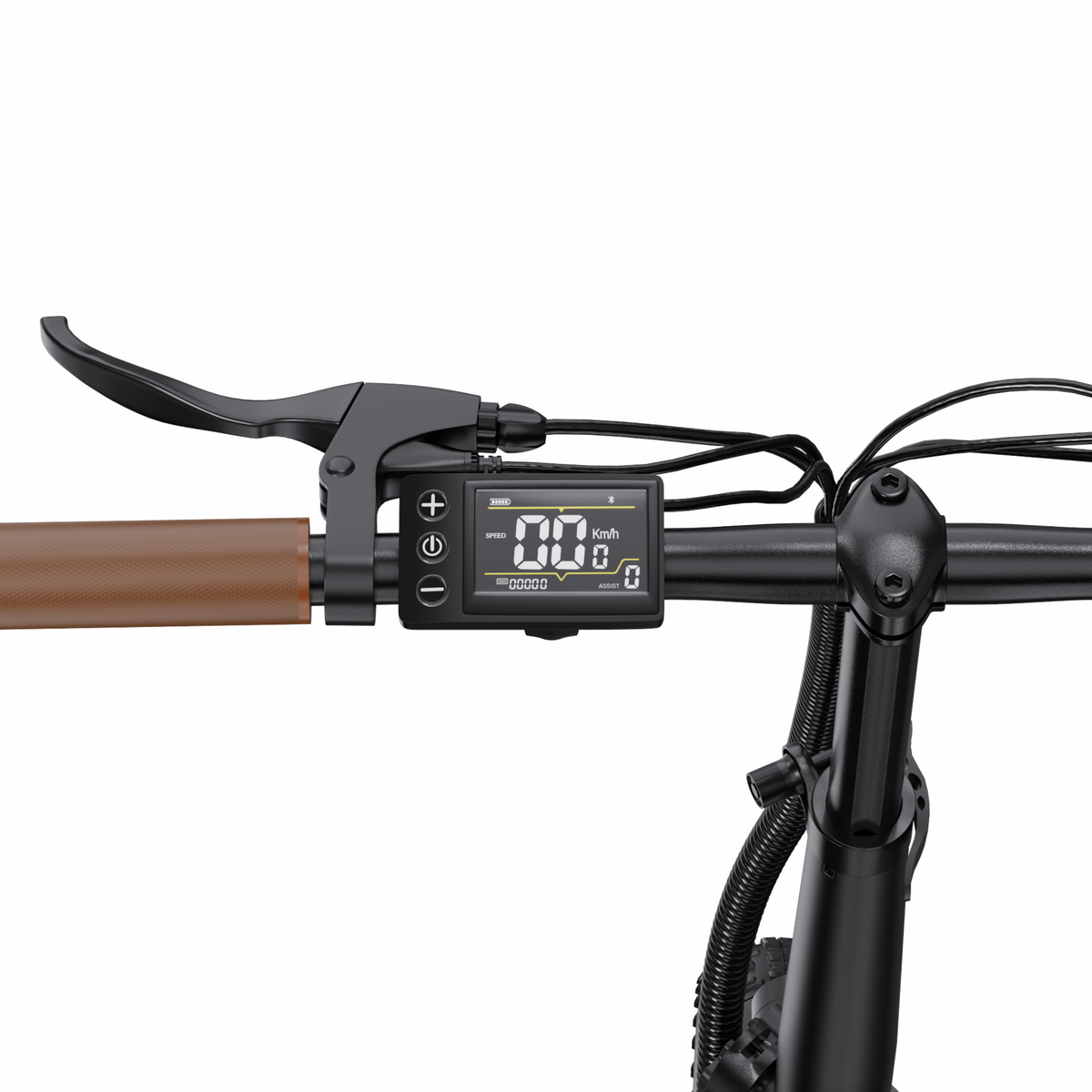 OneSport OT16 Pro Nahaufnahme der linken Lenkerhälfte mit Bremshebel, LCD-Display und braunem Griff