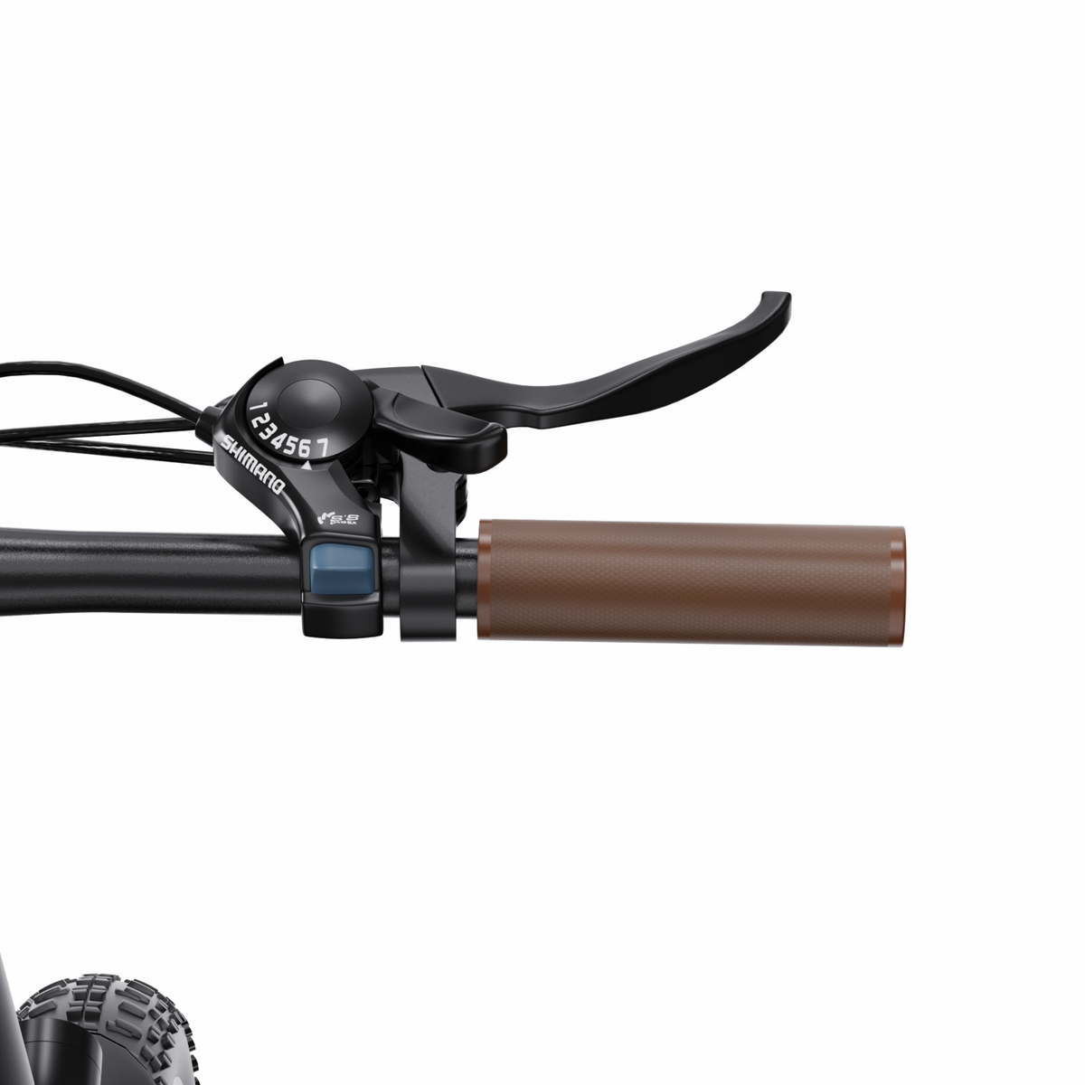 OneSport OT16 Pro Nahaufnahme der rechten Lenkerhälfte mit Bremshebel, Shimano-Schalthebel und braunem Griff