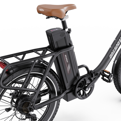 OneSport OT16 Pro, Sattel, Akku, Gepäckträger und Pedal schräg von der Seite gesehen