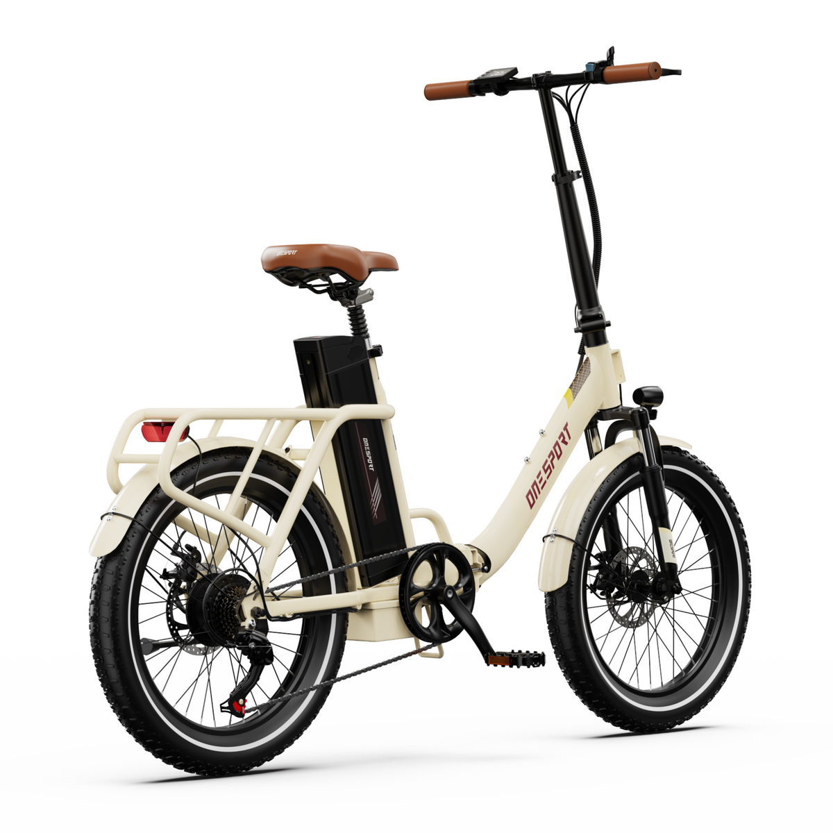OneSport OT16 Pro E-Bike schräg von hinten rechts gesehen mit Kette, Pedal, Akku und Gepäckträger