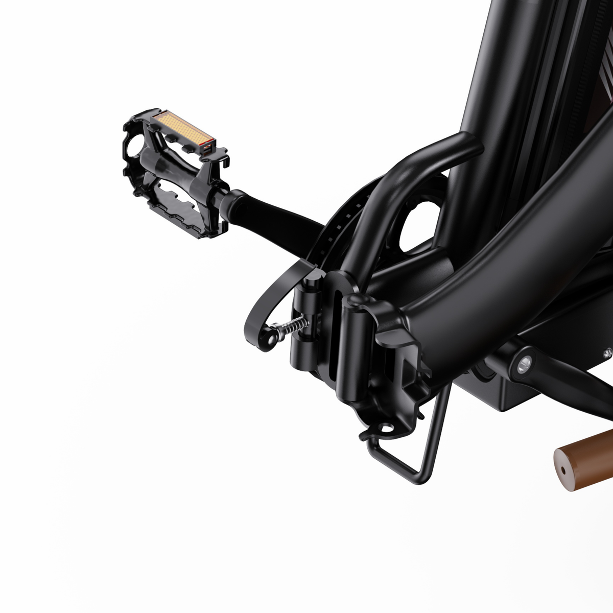 OneSport OT16 Pro Nahaufnahme von Pedal, Kurbelarm und Rahmengelenk mit Feder
