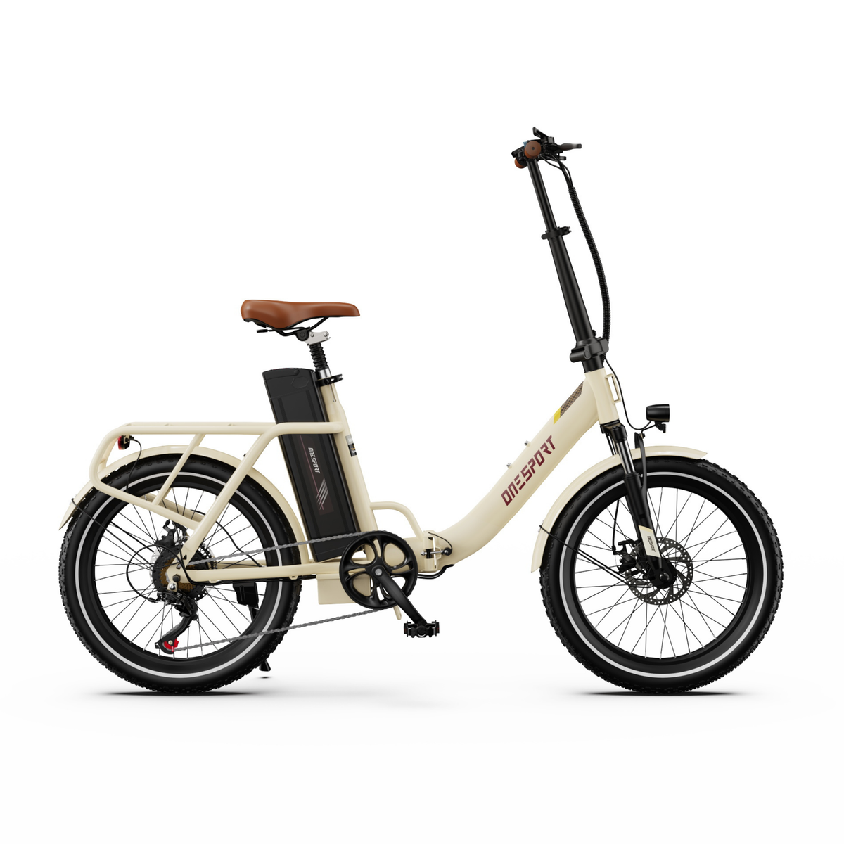 OneSport OT16 Pro, cremeweißes E-Bike in Seitenansicht mit braunem Sattel, Gepäckträger und schwarzem Akku