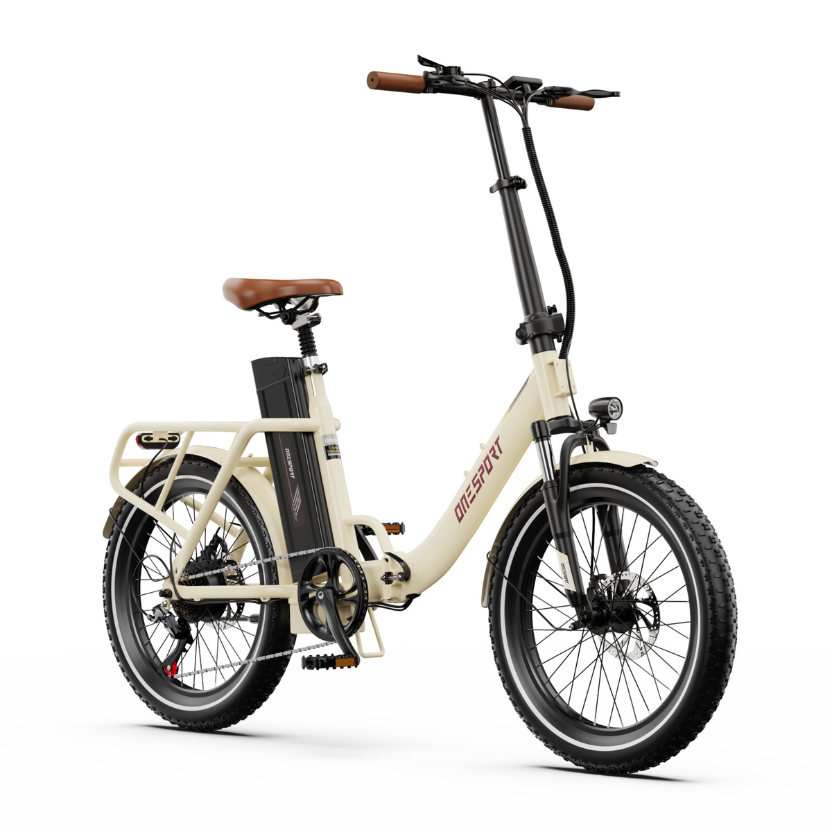 OneSport OT16 Pro, cremeweißes E-Bike schräg von vorn mit braunen Griffen, braunem Sattel und Frontlicht