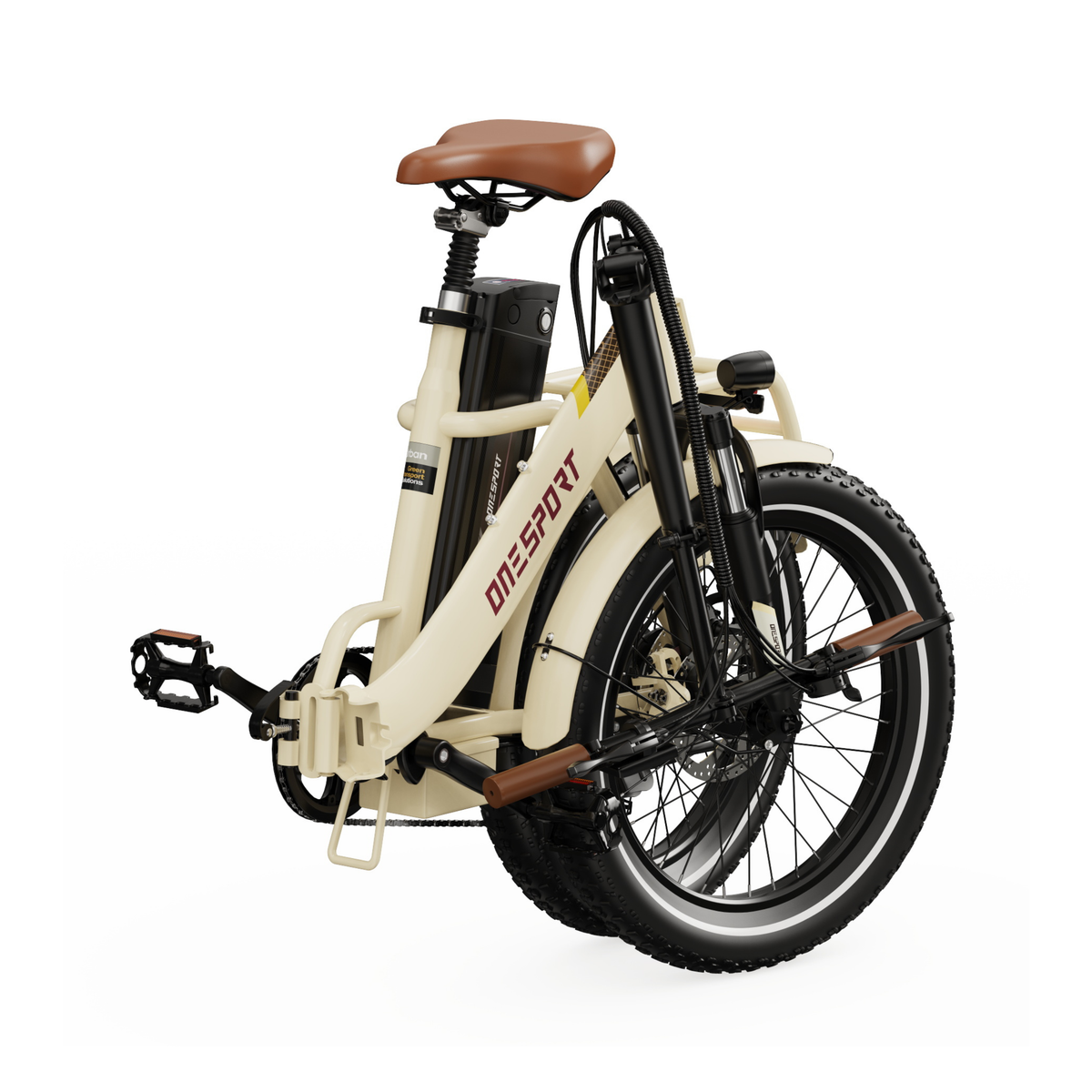 OneSport OT16 Pro, cremeweißes E-Bike im zusammengeklappten Zustand schräg von hinten mit braunem Sattel und Pedal