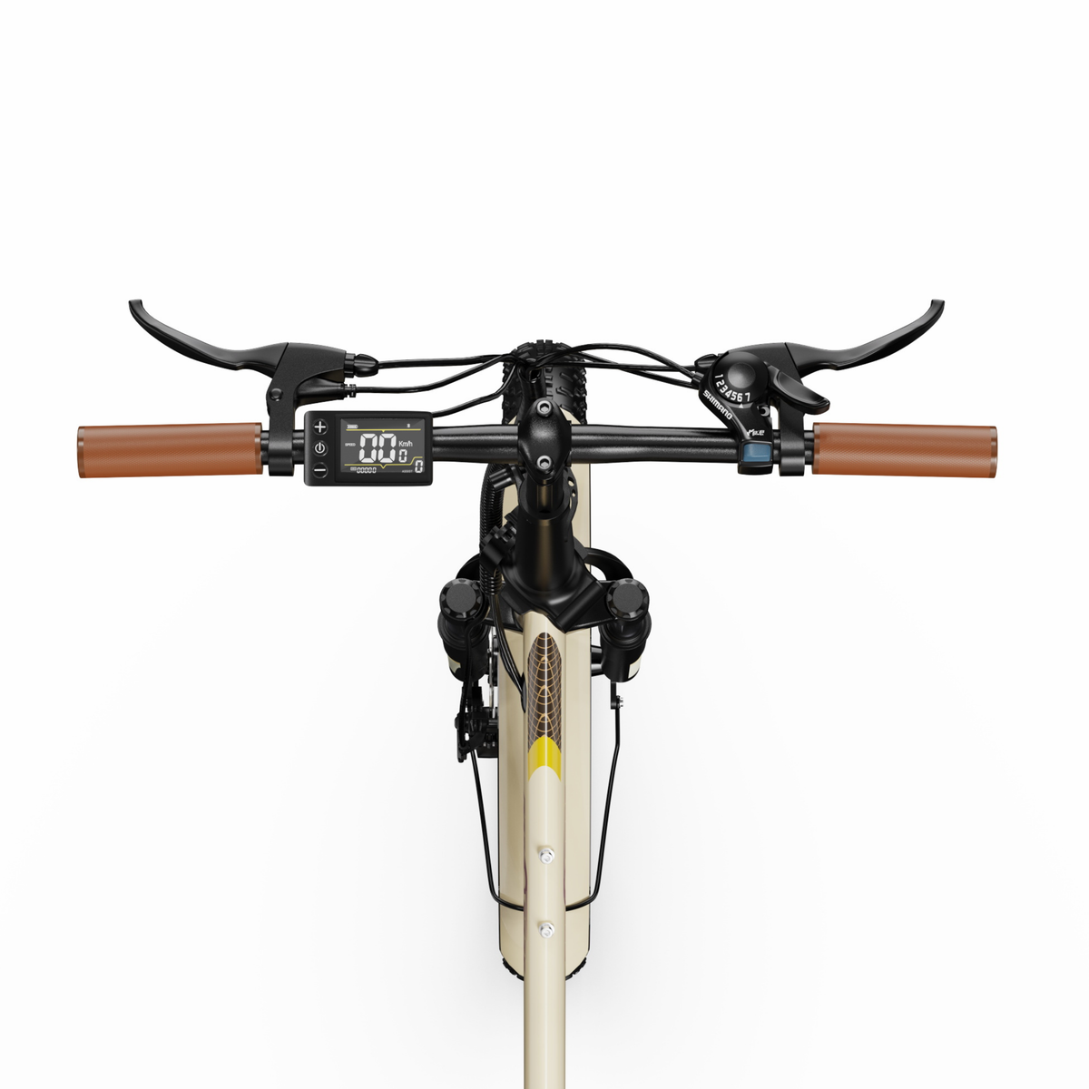 OneSport OT16 Pro, Lenker von oben gesehen mit braunen Griffen, Bremshebel, Schaltung und Display