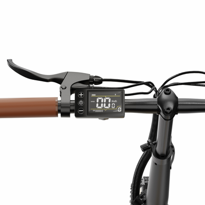 OneSport OT16 Pro, Nahaufnahme des Lenkers mit Display, Tasten, Bremshebel und braunem Griff