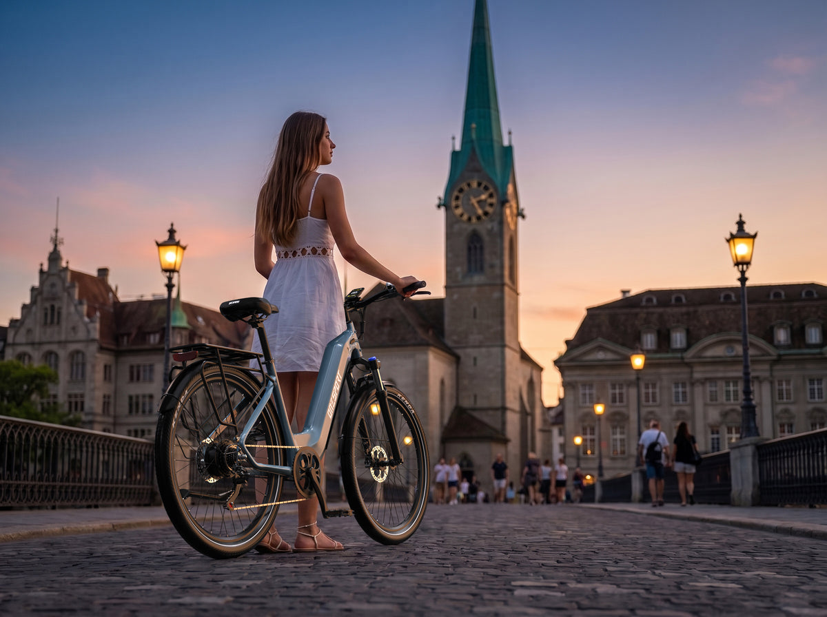 OneSport WT05 E-Bike auf einer Kopfsteinpflasterbrücke in der Dämmerung, eine Frau im weißen Kleid steht neben dem Fahrrad