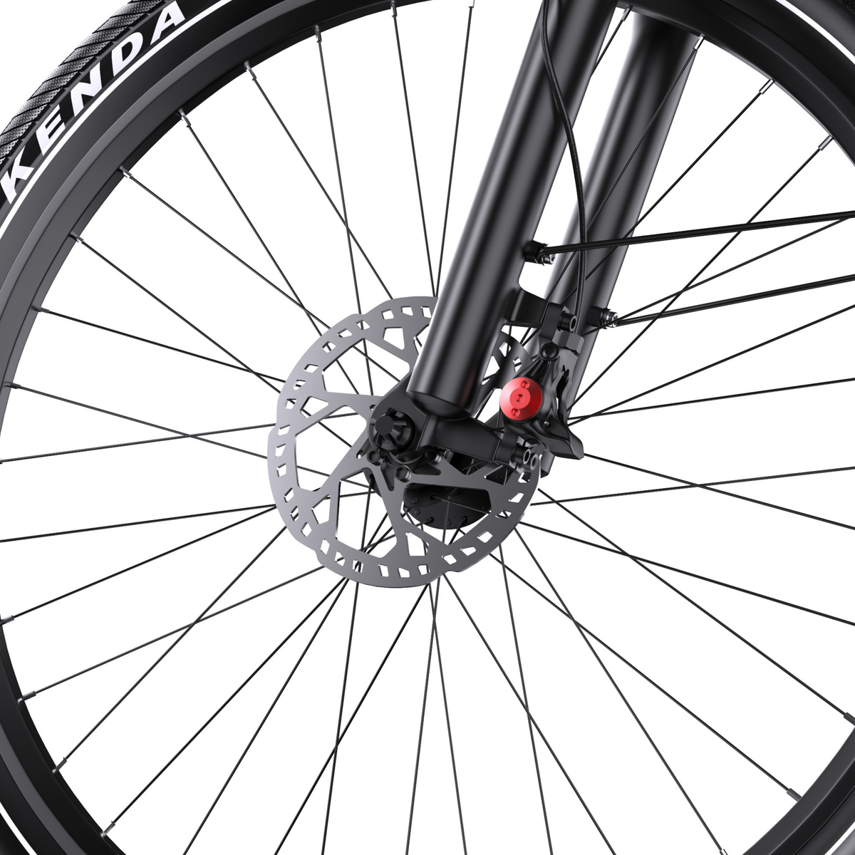 OneSport WT05, Nahaufnahme der Scheibenbremse des Vorderrads, Bremssattel, Speichen und Kenda-Reifen