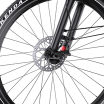 OneSport WT05, Nahaufnahme der Scheibenbremse des Vorderrads, Bremssattel, Speichen und Kenda-Reifen