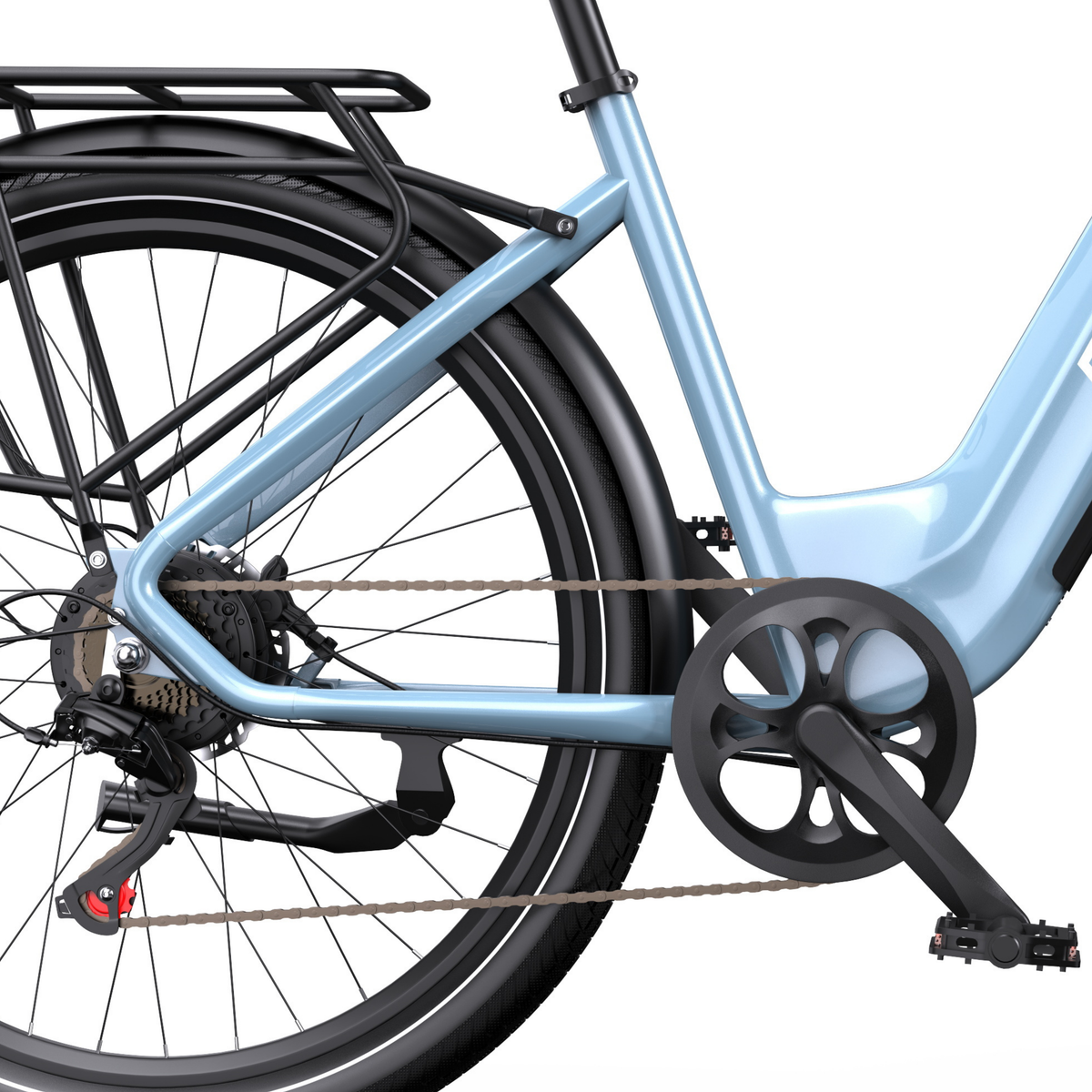 OneSport WT05, Seitenansicht des hinteren Rahmens mit Gepäckträger, Hinterrad, Kette, Kurbelarm und Pedal