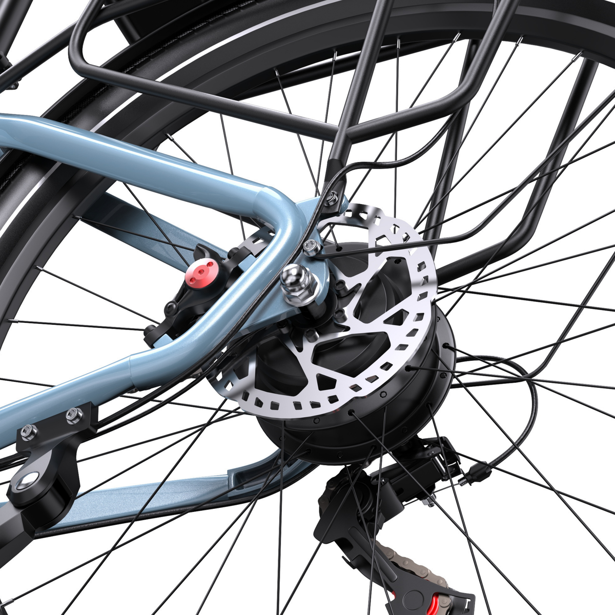 Nahaufnahme der Hinterradnabe mit Bremsscheibe und Bremssattel am OneSport WT05