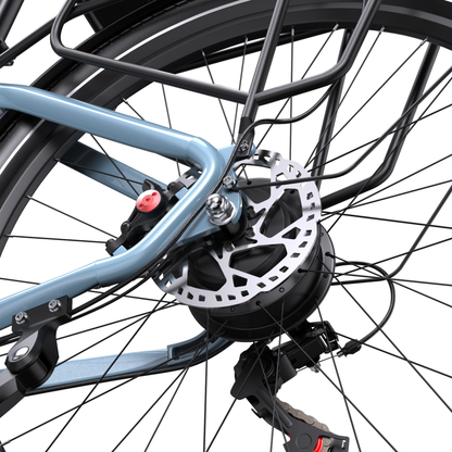 Nahaufnahme der Hinterradnabe mit Bremsscheibe und Bremssattel am OneSport WT05