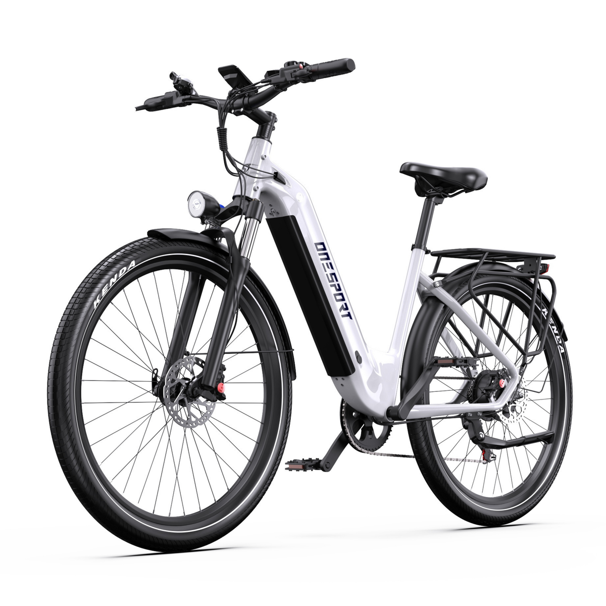 OneSport WT05 E-Bike in Weiß, schräg von vorn mit Frontlicht, Vordergabel und hinterem Gepäckträger