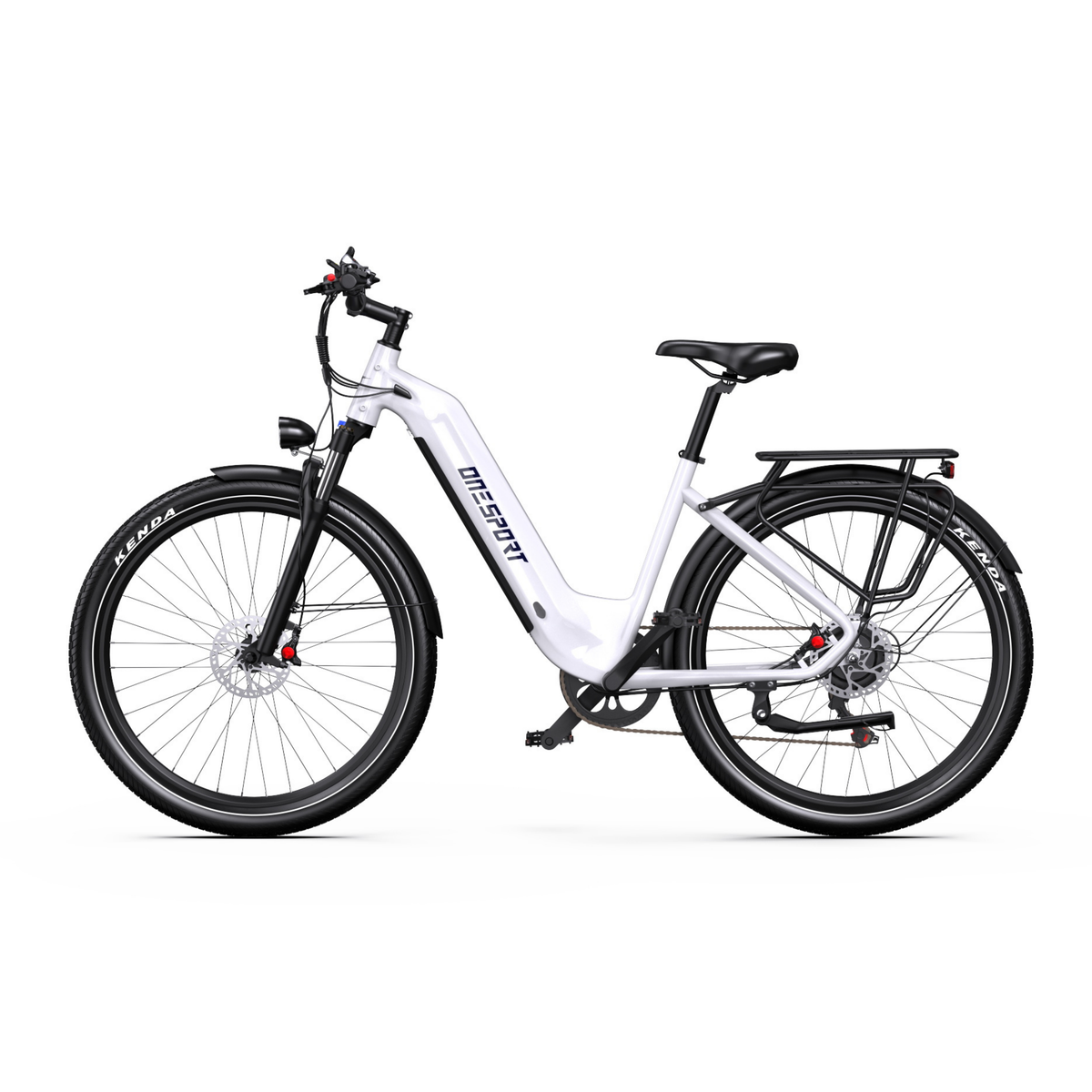 OneSport WT05 E-Bike in Weiß, direkt von der Seite mit tiefem Einstieg, Schutzblechen und Gepäckträger