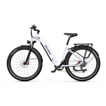 OneSport WT05 E-Bike in Weiß, direkt von der Seite mit tiefem Einstieg, Schutzblechen und Gepäckträger