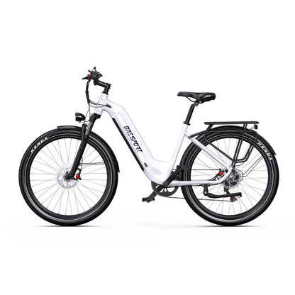 OneSport WT05 E-Bike in Weiß, direkt von der Seite mit tiefem Einstieg, Schutzblechen und Gepäckträger