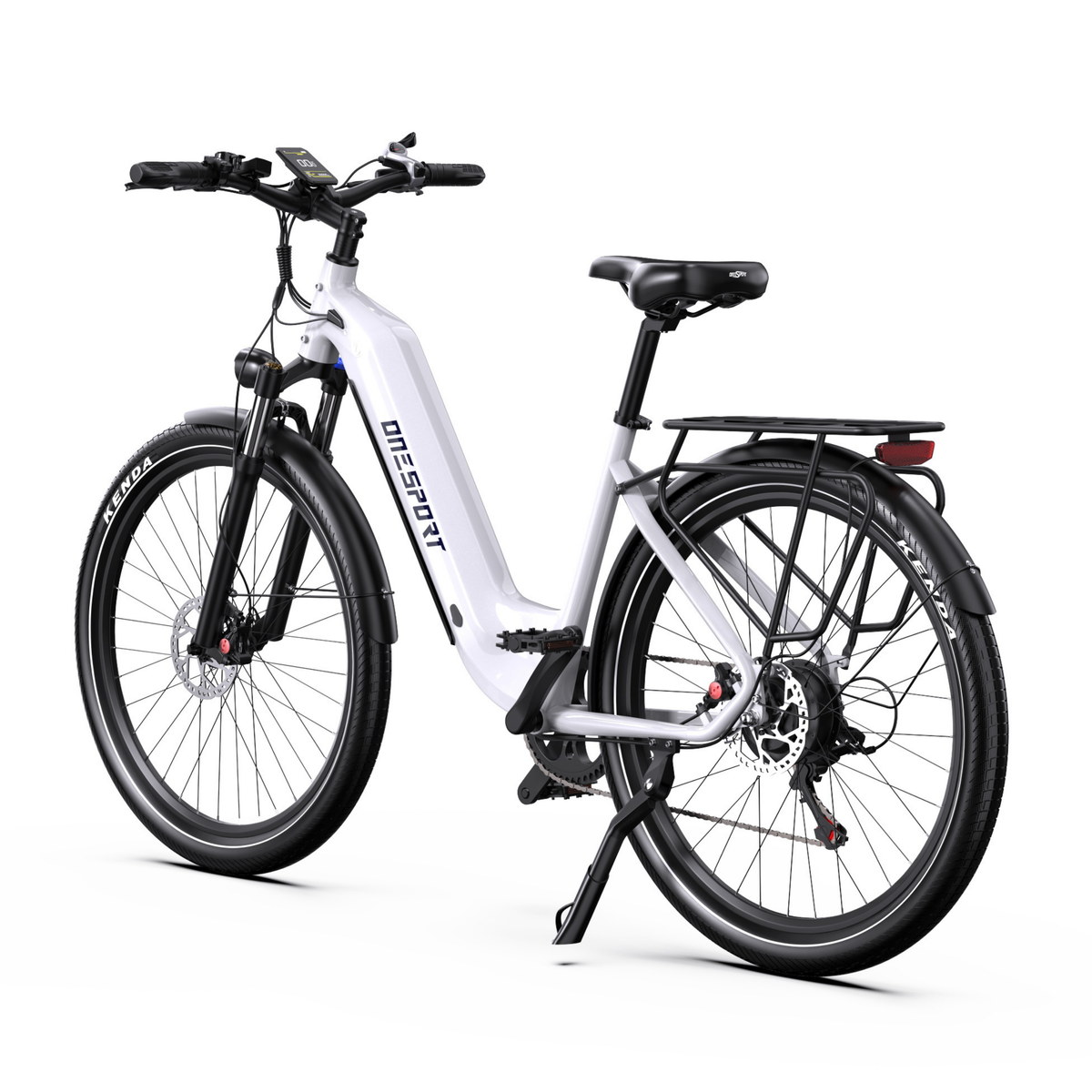 OneSport WT05 E-Bike in Weiß, schräg von hinten mit Display am Lenker, Gepäckträger, Rücklicht und Seitenständer