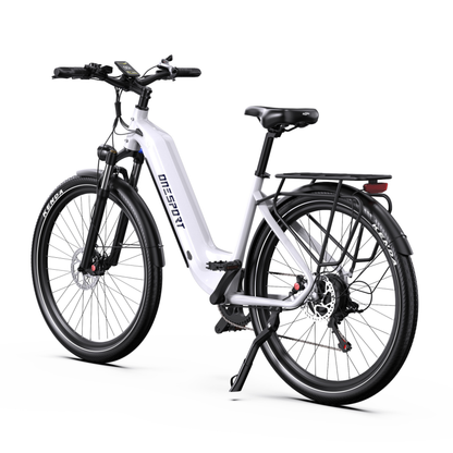 OneSport WT05 E-Bike in Weiß, schräg von hinten mit Display am Lenker, Gepäckträger, Rücklicht und Seitenständer