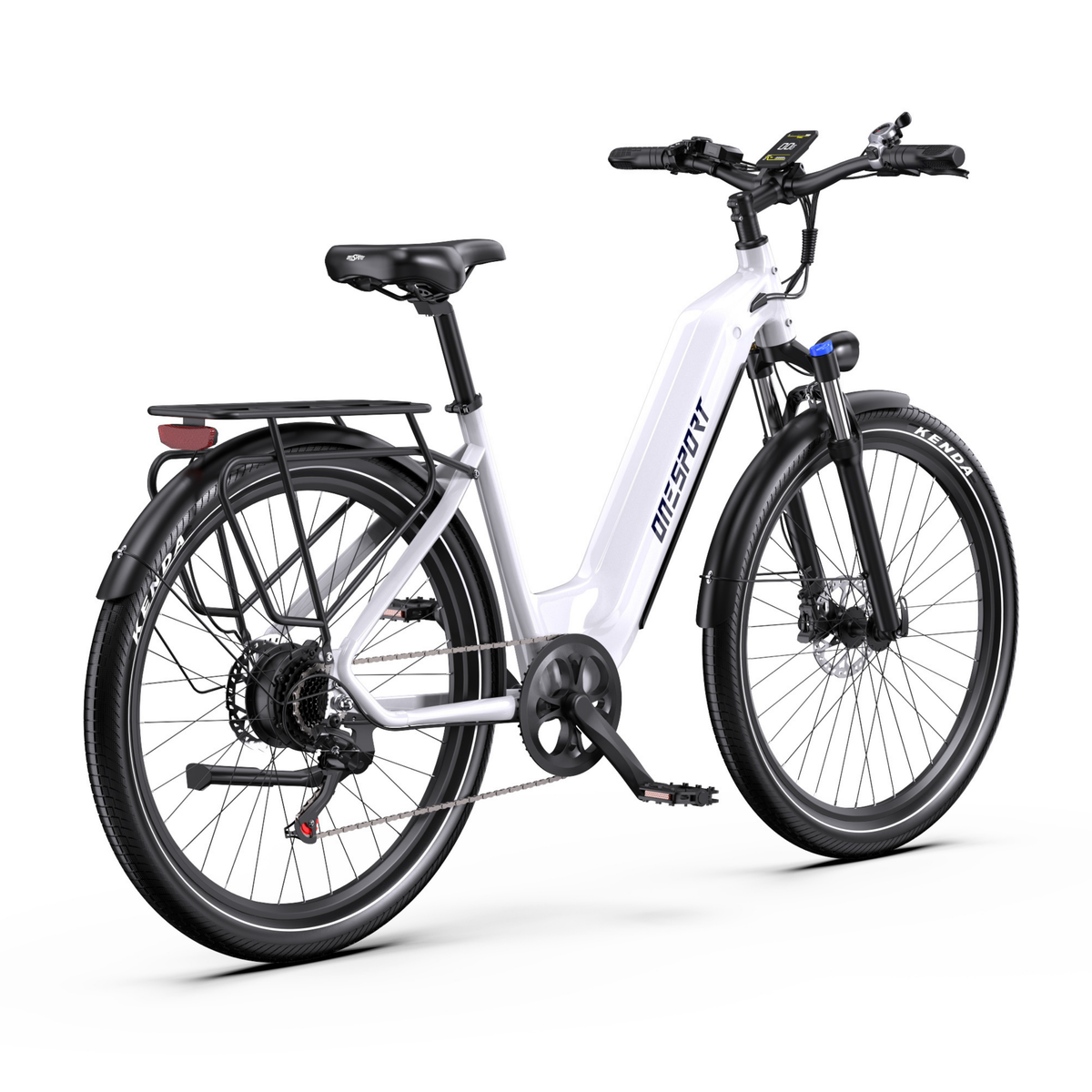 OneSport WT05 E-Bike in Weiß, schräg von hinten rechts mit Display, Sattel, Gepäckträger und Kette