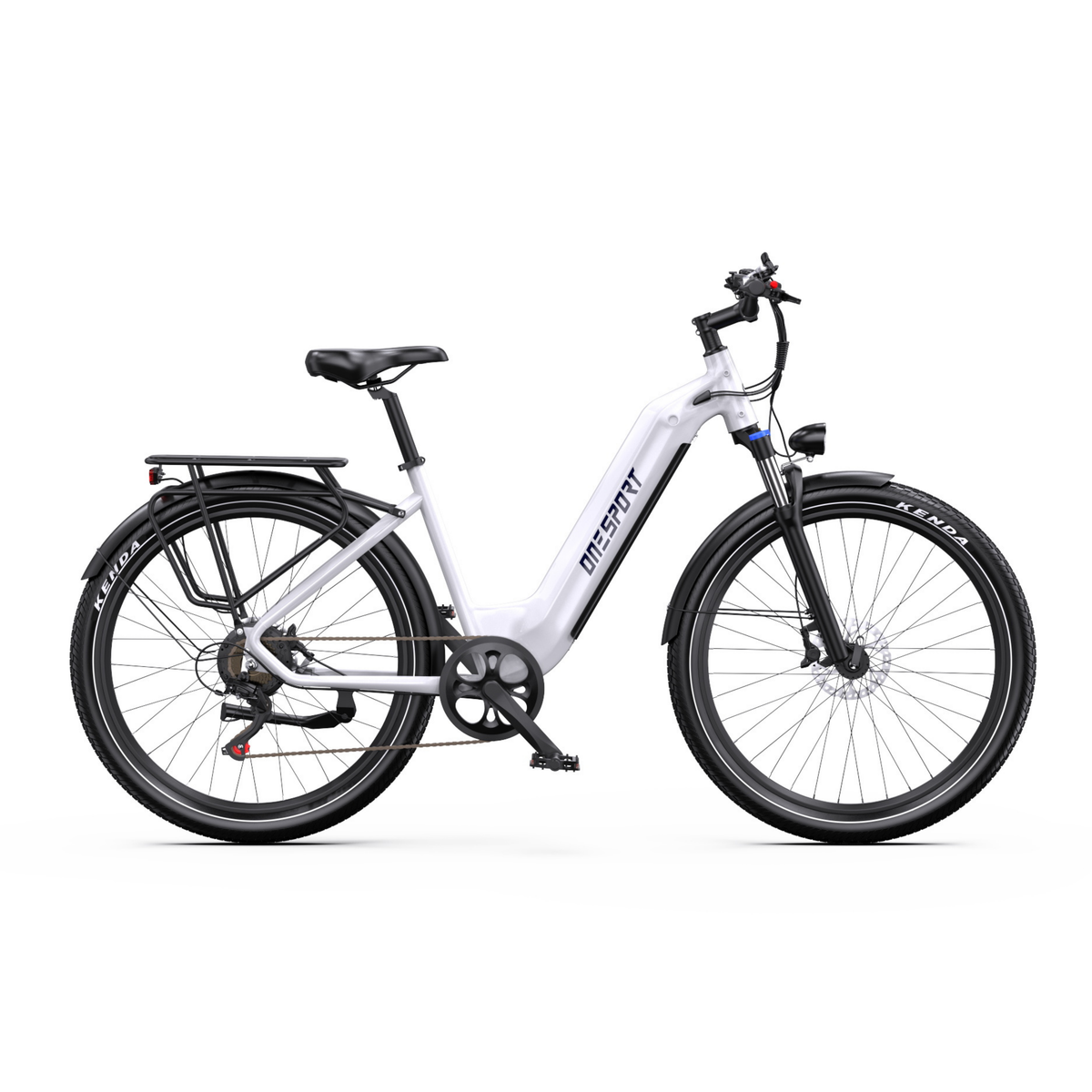 OneSport WT05 E-Bike in Weiß, von der Seite mit Gepäckträger, Schutzblechen und Scheibenbremse vorn