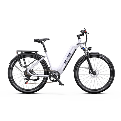 OneSport WT05 E-Bike in Weiß, von der Seite mit Gepäckträger, Schutzblechen und Scheibenbremse vorn