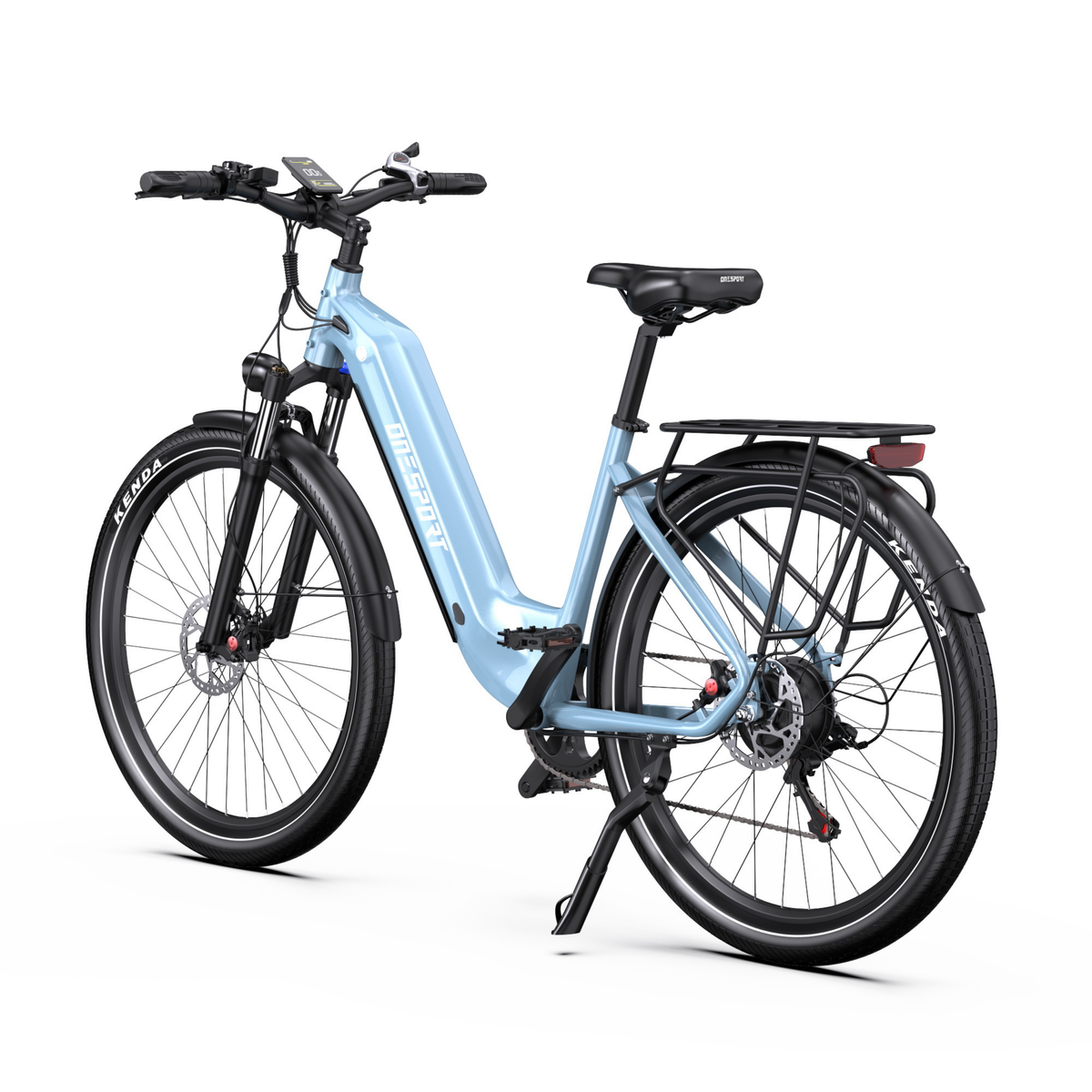 OneSport WT05 E-Bike in Hellblau, schräg von hinten gesehen, mit Display am Lenker, Gepäckträger und Ständer