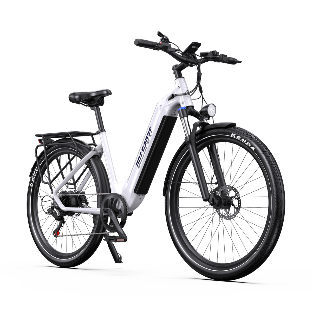 OneSport WT05 E-Bike, schräg von vorn mit weißem Rahmen, Frontlicht und Gepäckträger