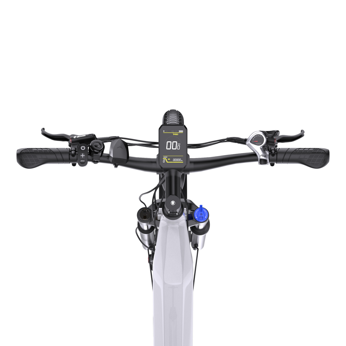 OneSport WT05 Lenker von oben mit Display, Griffen, Bremshebeln und Schaltung