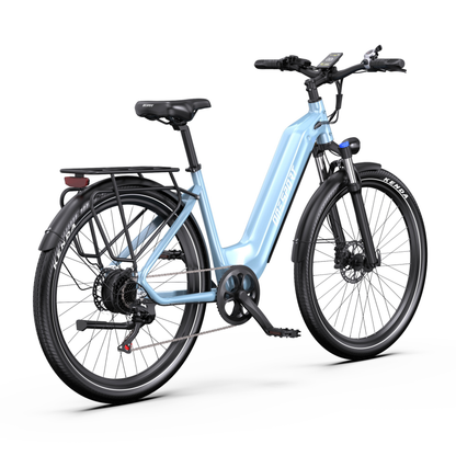 OneSport WT05 E-Bike in Hellblau, schräg von hinten rechts gesehen, mit Display, Gepäckträger, Kette und Pedal