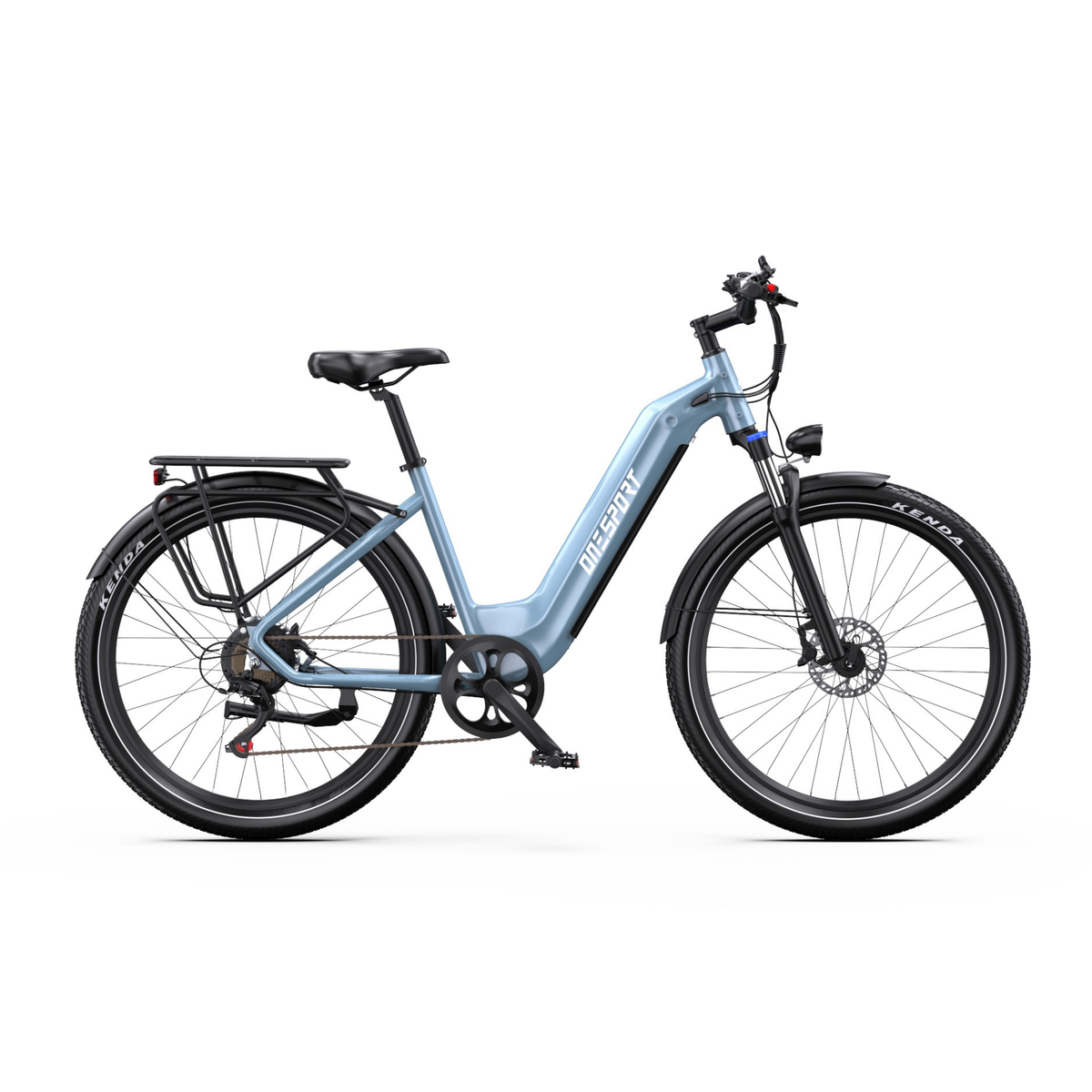 OneSport WT05 E-Bike in Hellblau von der Seite gesehen, mit Gepäckträger, Schutzblechen und Scheibenbremse