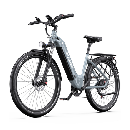 OneSport WT05 E-Bike in Grau von schräg vorn mit tiefem Einstieg, Schutzblechen und Gepäckträger