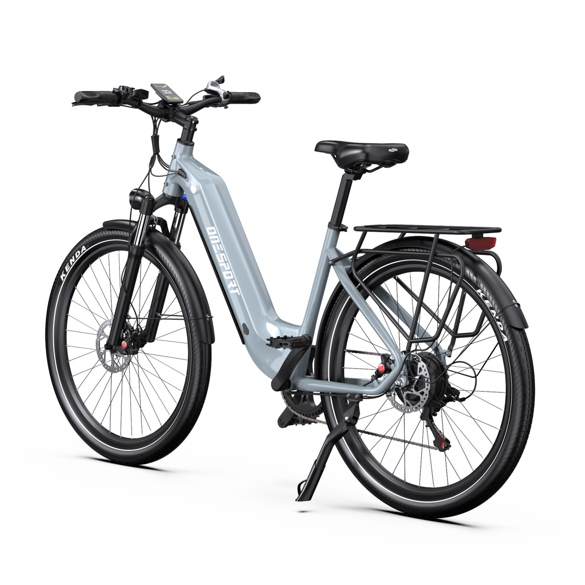 OneSport WT05 E-Bike in Grau von schräg hinten mit Gepäckträger, Rücklicht und Seitenständer