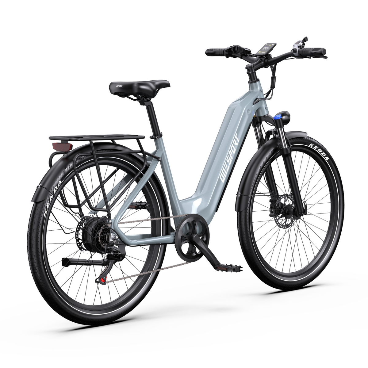 OneSport WT05 E-Bike von schräg hinten mit grauem Rahmen, Gepäckträger hinten und Display am Lenker