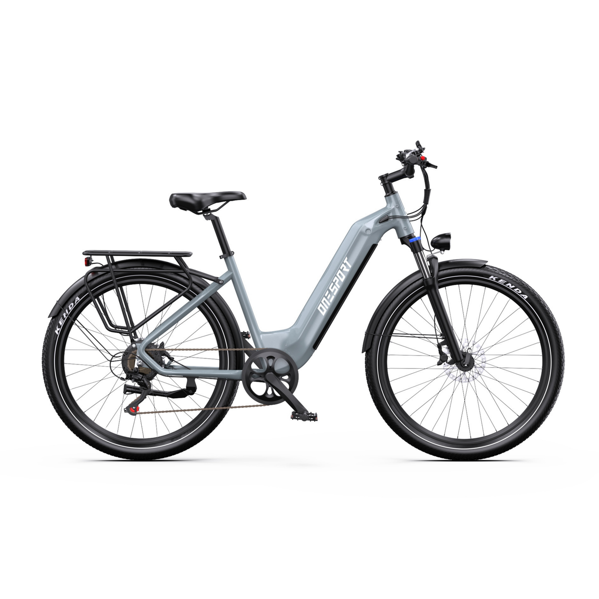 OneSport WT05 E-Bike in Seitenansicht mit grauem Rahmen, tiefem Einstieg, Gepäckträger und Schutzblechen über den Rädern