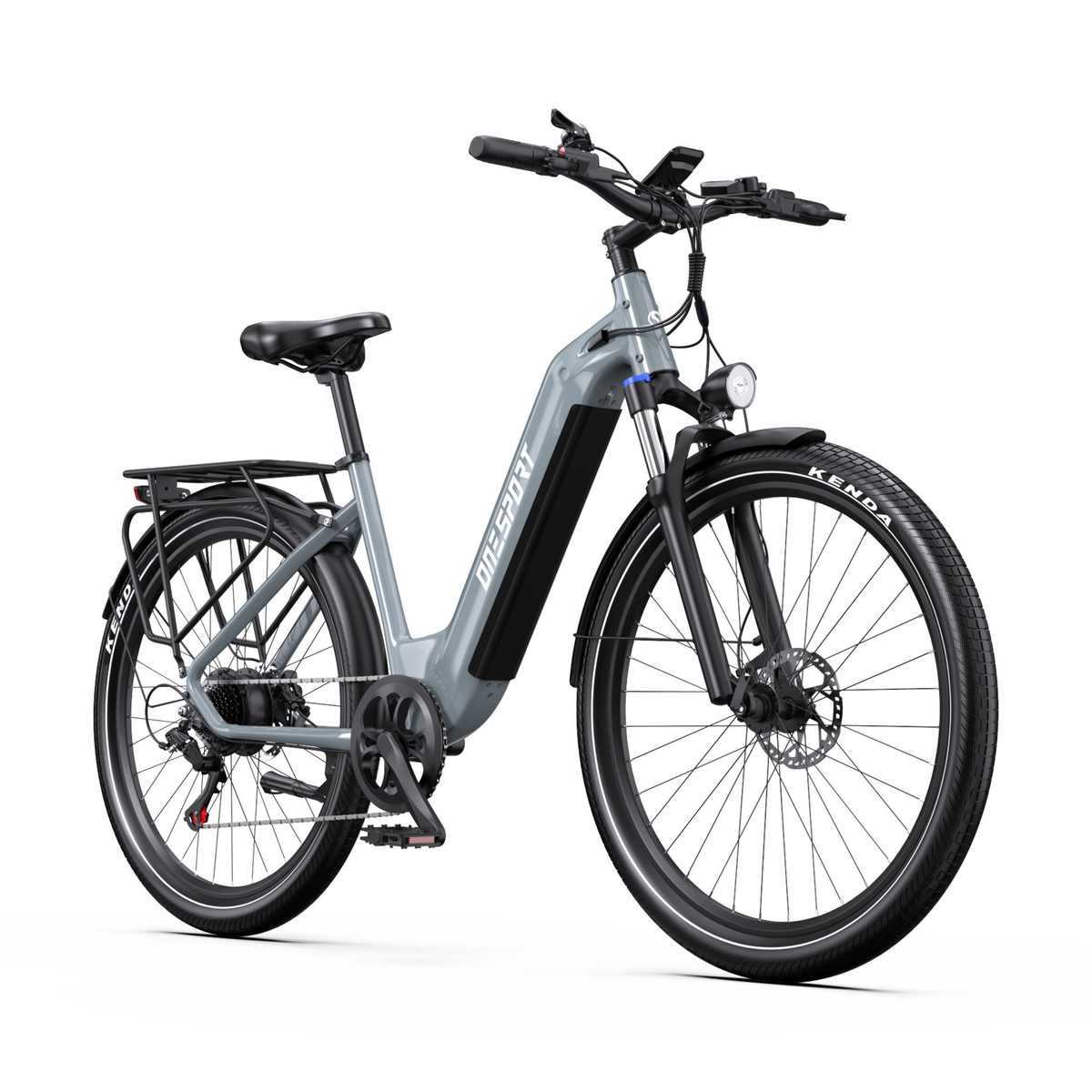 OneSport WT05 E-Bike von schräg vorn mit Frontlicht, vorderem Schutzblech und vorderer Scheibenbremse
