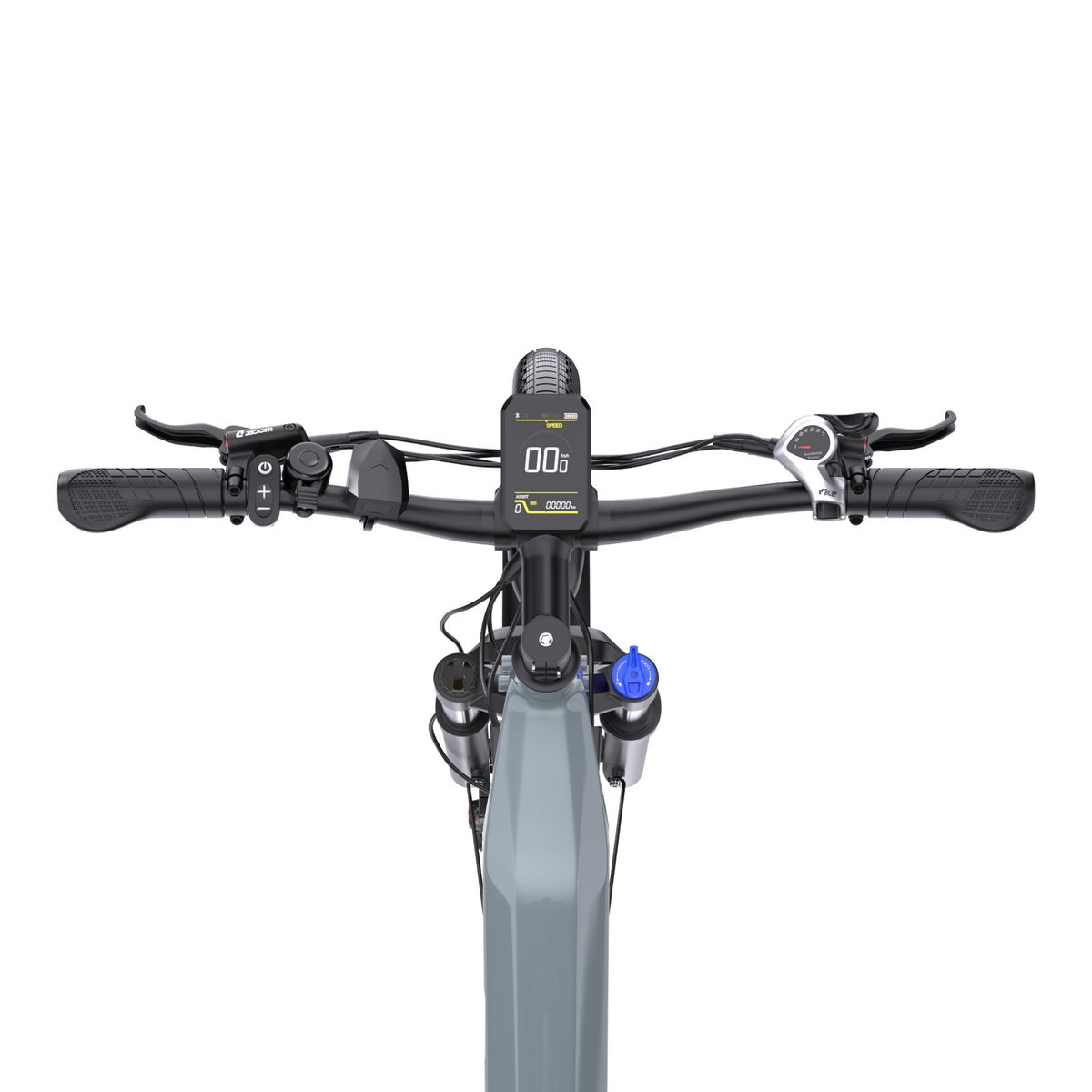 Lenker des OneSport WT05 von oben mit Display, Griffen, Bremshebel und Schaltung