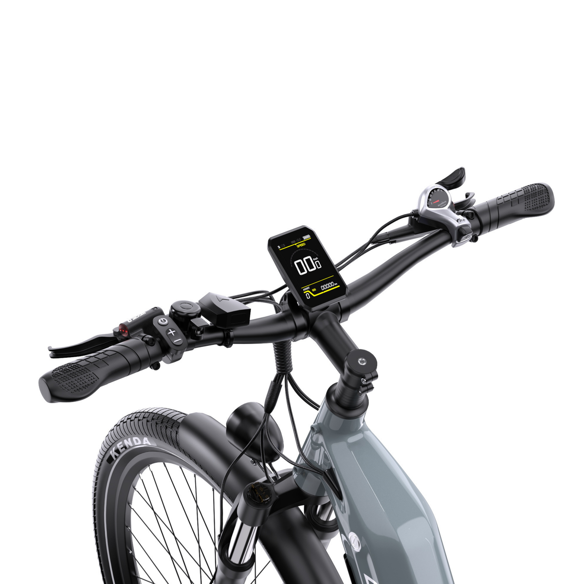 OneSport WT05 von hinten mit Fokus auf Lenker, Display, Griffe und Bedienelemente