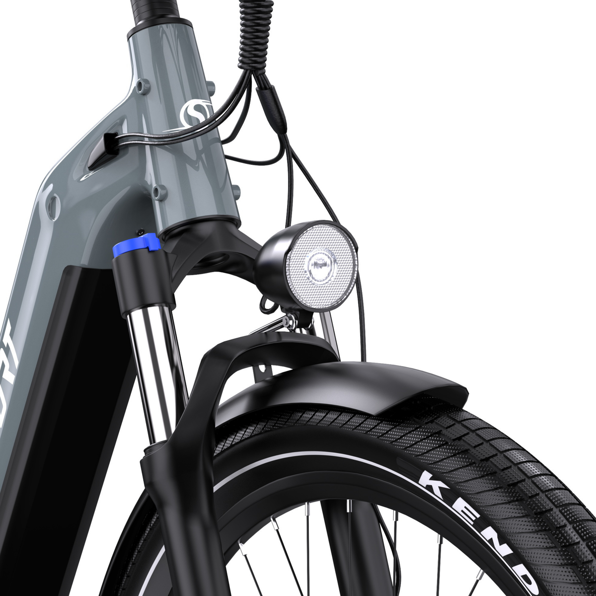 OneSport WT05 von vorn mit Frontlampe, Gabel, blauem Detail, Vorderradschutzblech und Kenda-Reifen