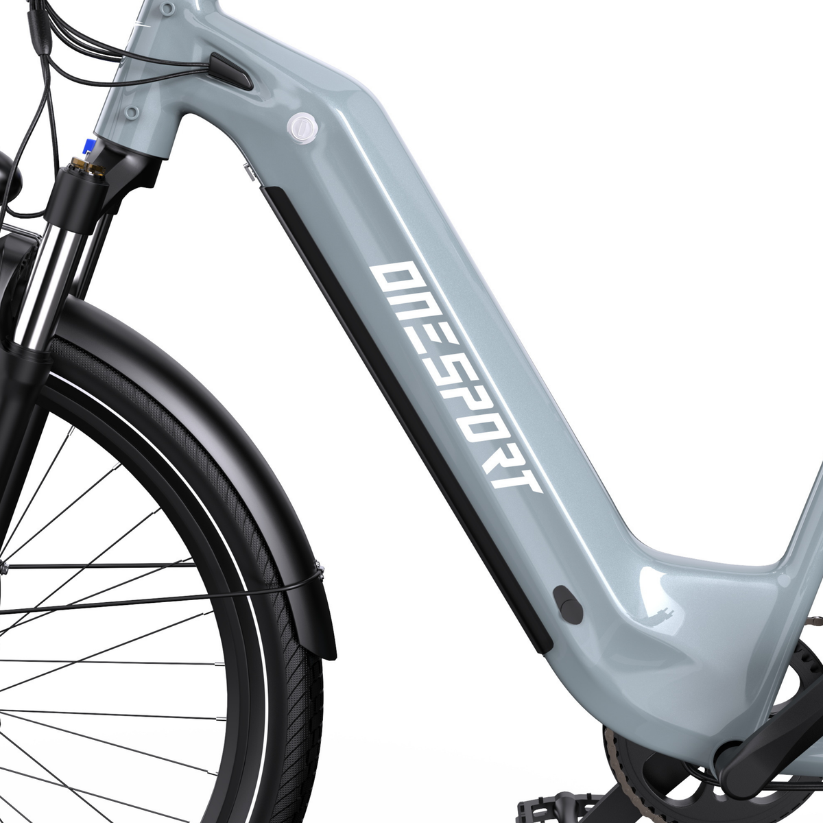 OneSport WT05, Seitenansicht des grauen Rahmens mit OneSport-Logo, Vorderrad, Schutzblech und Pedal